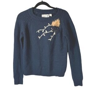 Field Flower Anthropologie Navy Blue Embroidered Floral Faux Accent Sweater M